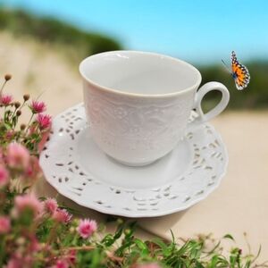 Vintage Bohemian White Porcelain 12 Coffee Tea Cups Lace Saucers Embossed Set 6